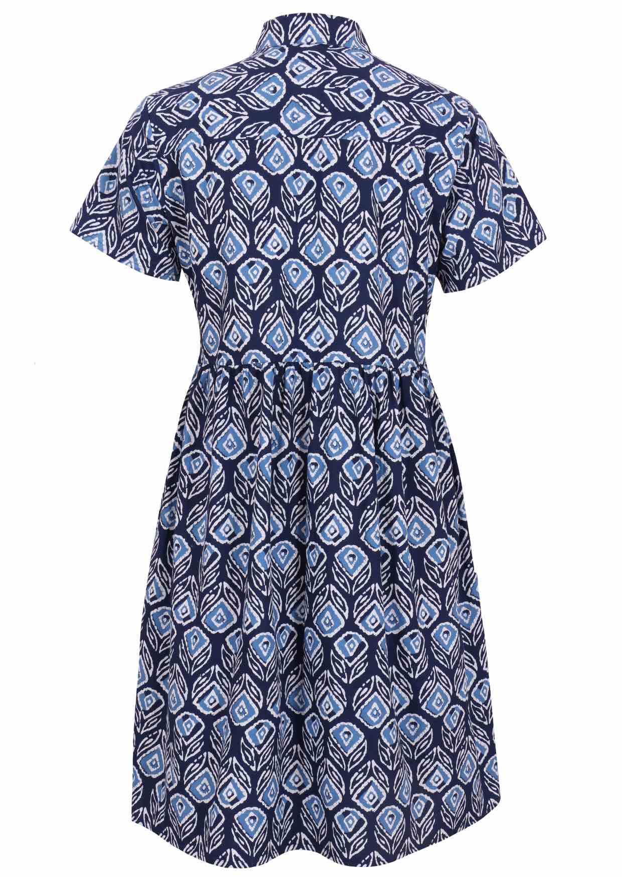 Back view of blue tulip print on dark blue base cotton relaxed fit collared short sleeve dress