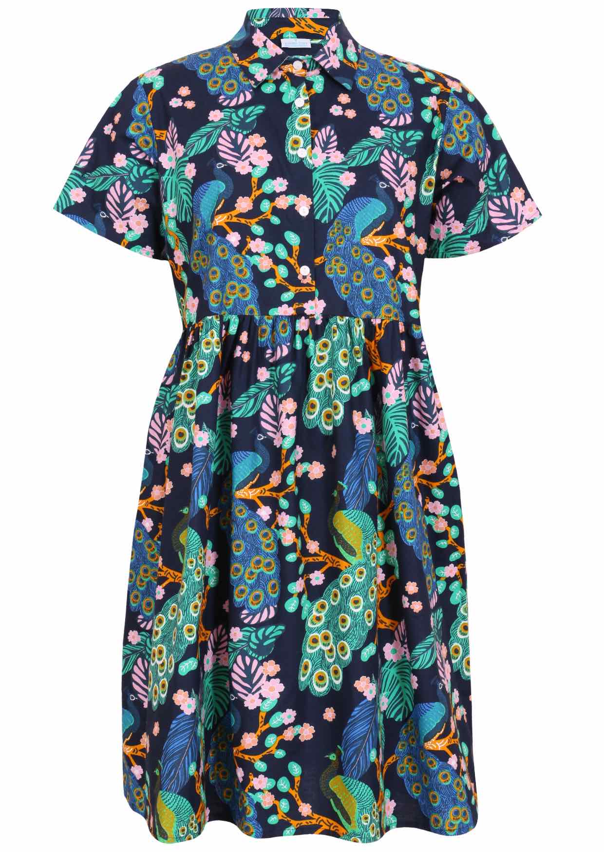 Peacock print on dark blue base cotton relaxed fit collared short sleeve dress