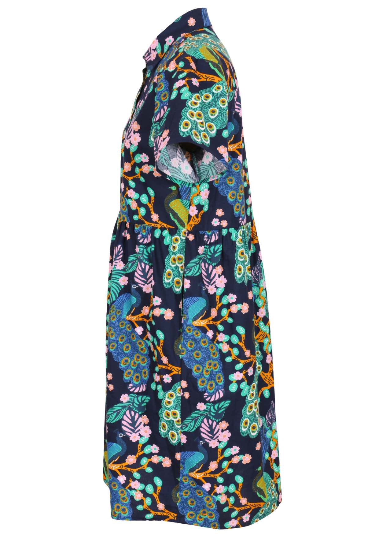 Side view of peacock print on dark blue base cotton relaxed fit collared short sleeve dress with hidden side pockets