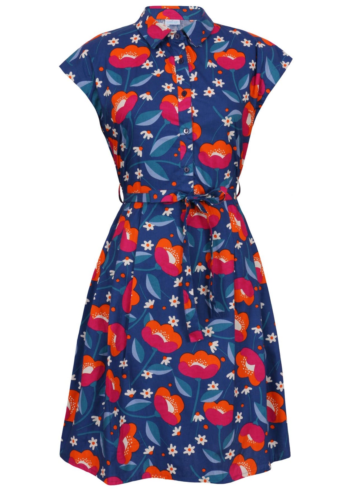 Front view cotton Ursula Dress in Joy print on mannequin