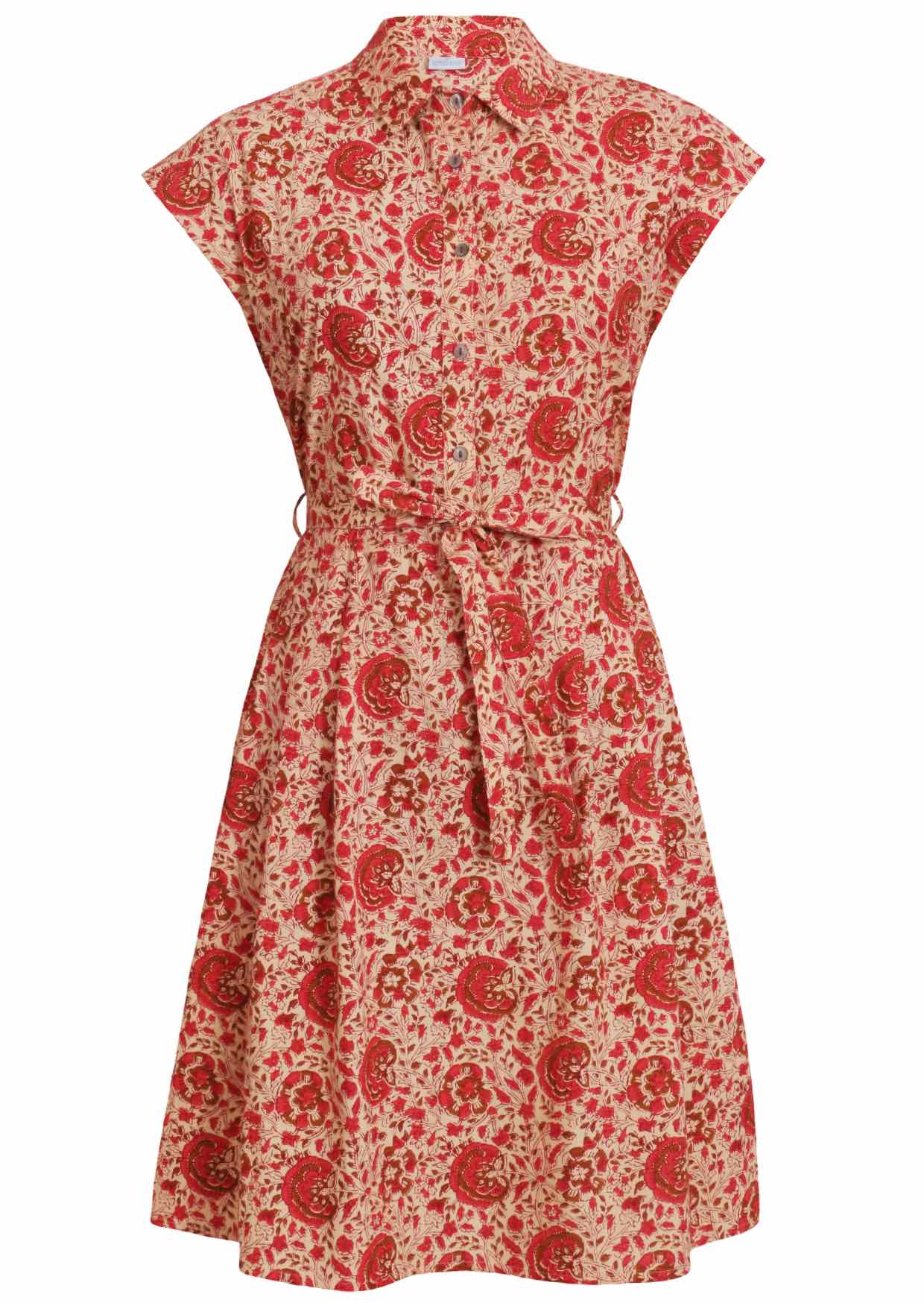 Front view cotton Ursula Dress in Rose print on mannequin