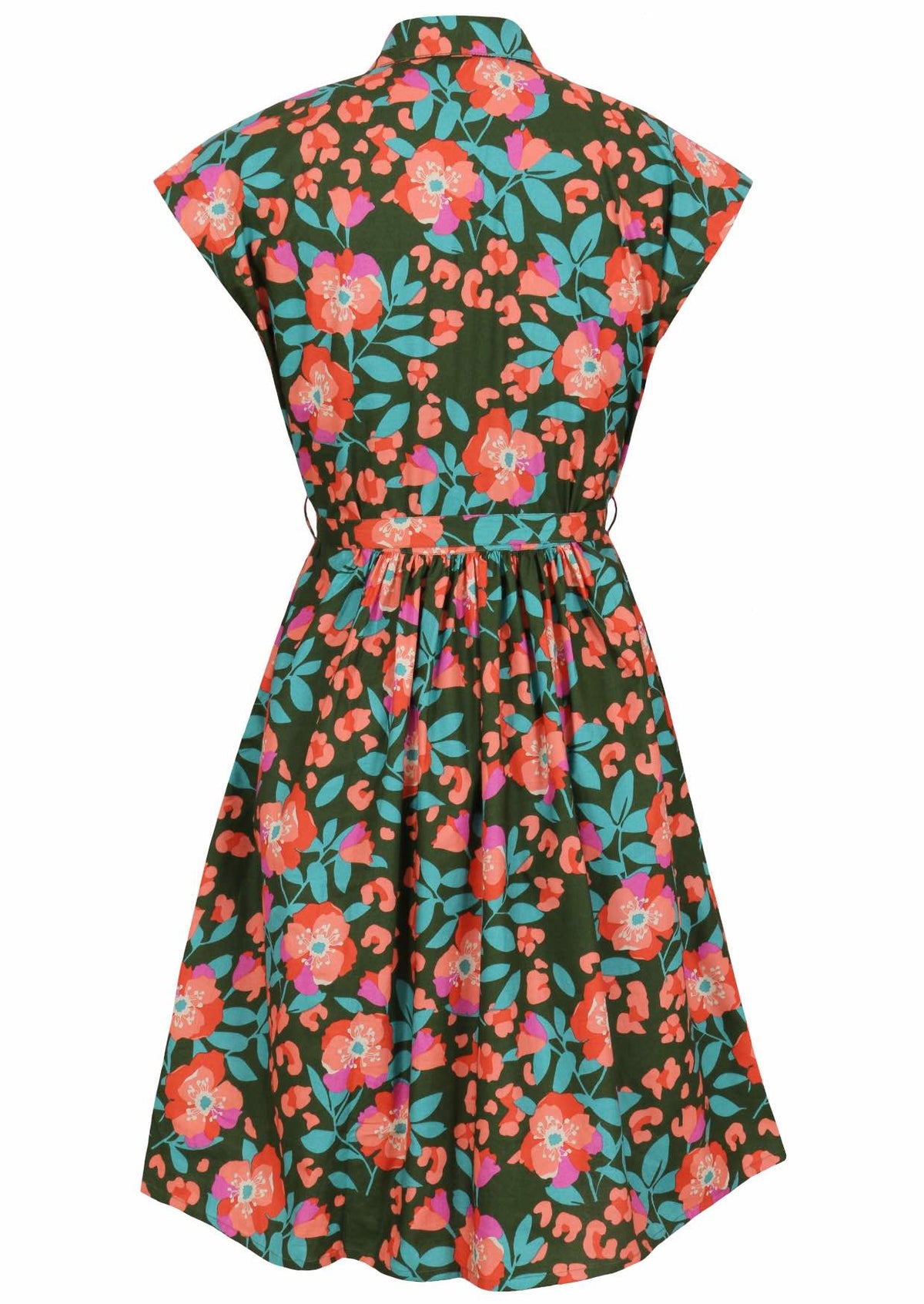 Back view cotton Ursula Dress in Neon Jungle print on mannequin