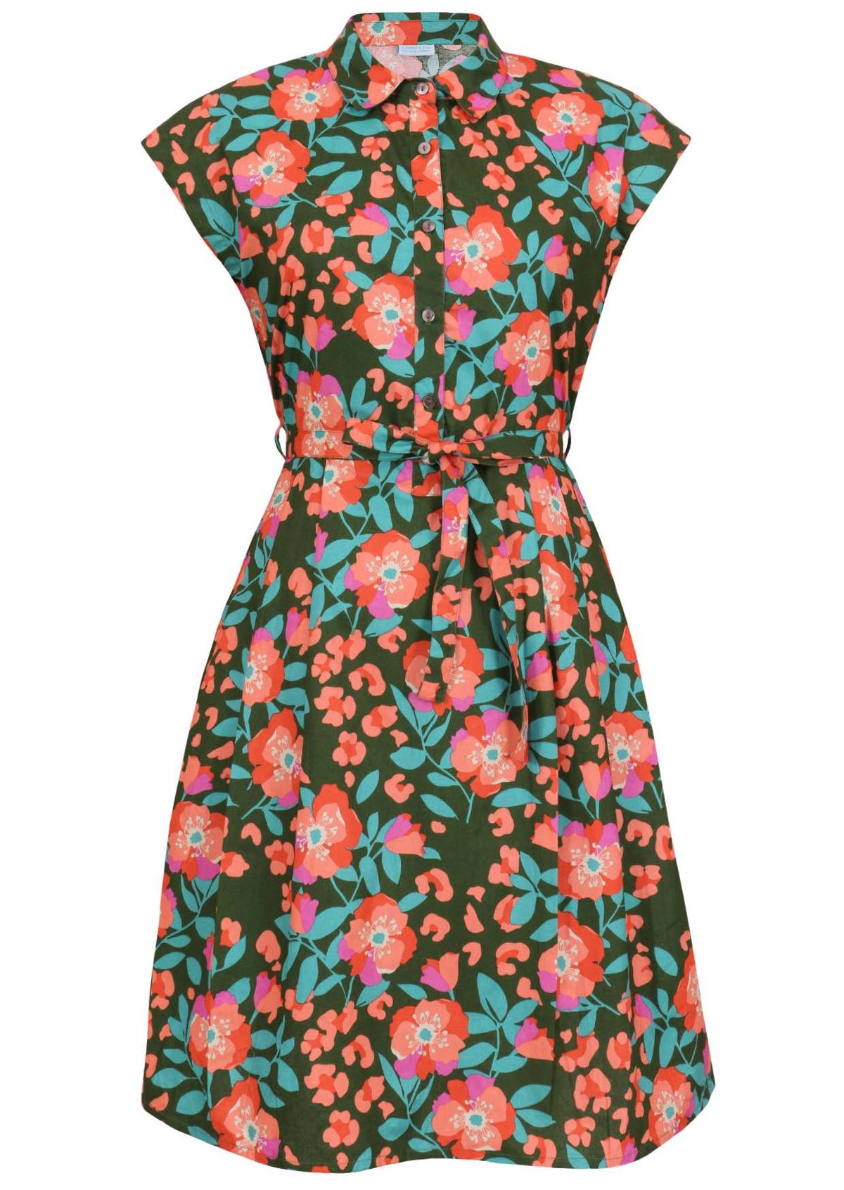 Front view cotton Ursula Dress in Neon Jungle print on mannequin