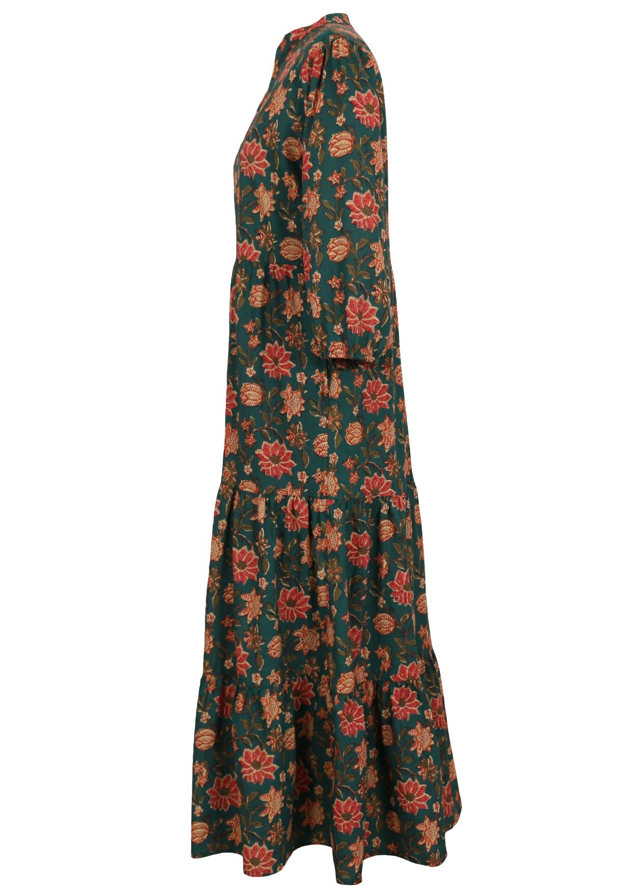 Side mannequin photo of a full length maxi  dress with 3 tiers, collar and buttoned bodice.
