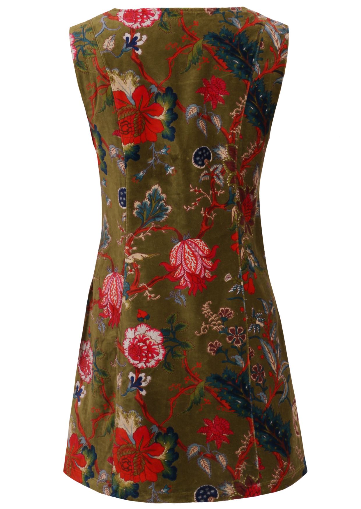 Back view of moss green based multi-coloured floral print cotton velvet sleeveless tunic with side zip