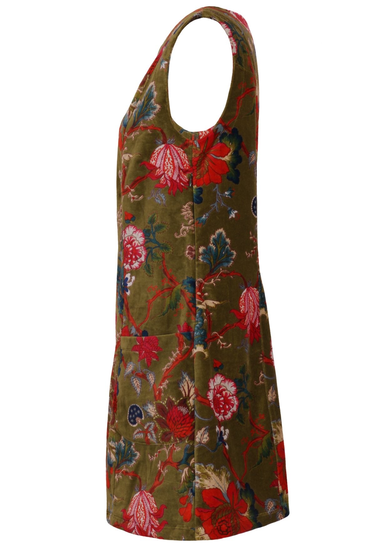 Side view of moss green based multi-coloured floral print cotton velvet sleeveless tunic with pockets and side zip