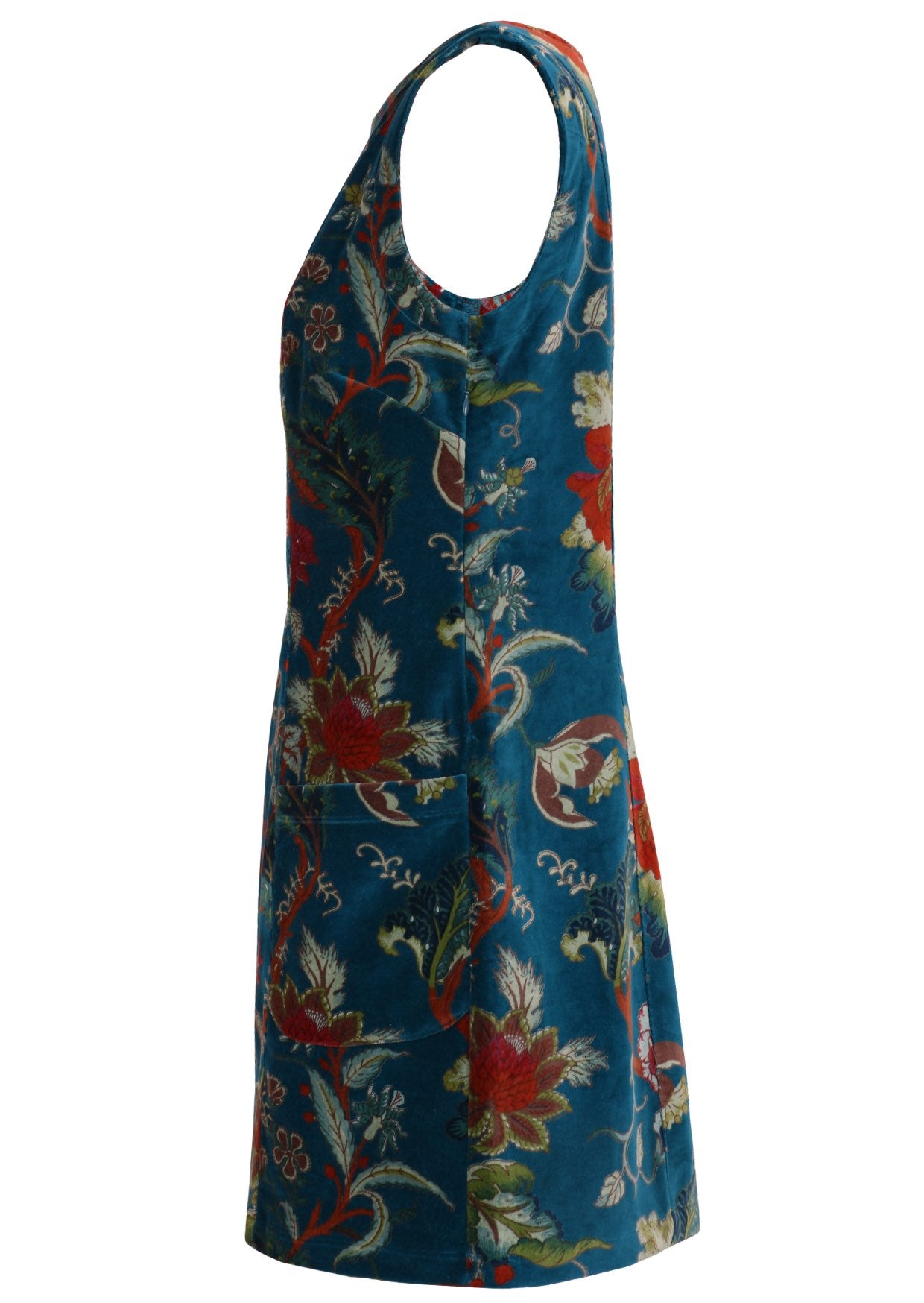 Side view of deep teal based multi-coloured floral print cotton velvet sleeveless tunic with pockets and side zip