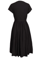 Button through 50's style black dress with cap sleeves, waist tie and gathers at the back