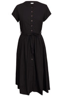 Button through 50's style black dress with cap sleeves and waist tie