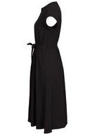 Button through 50's style black dress with waist tie and hidden side pockets