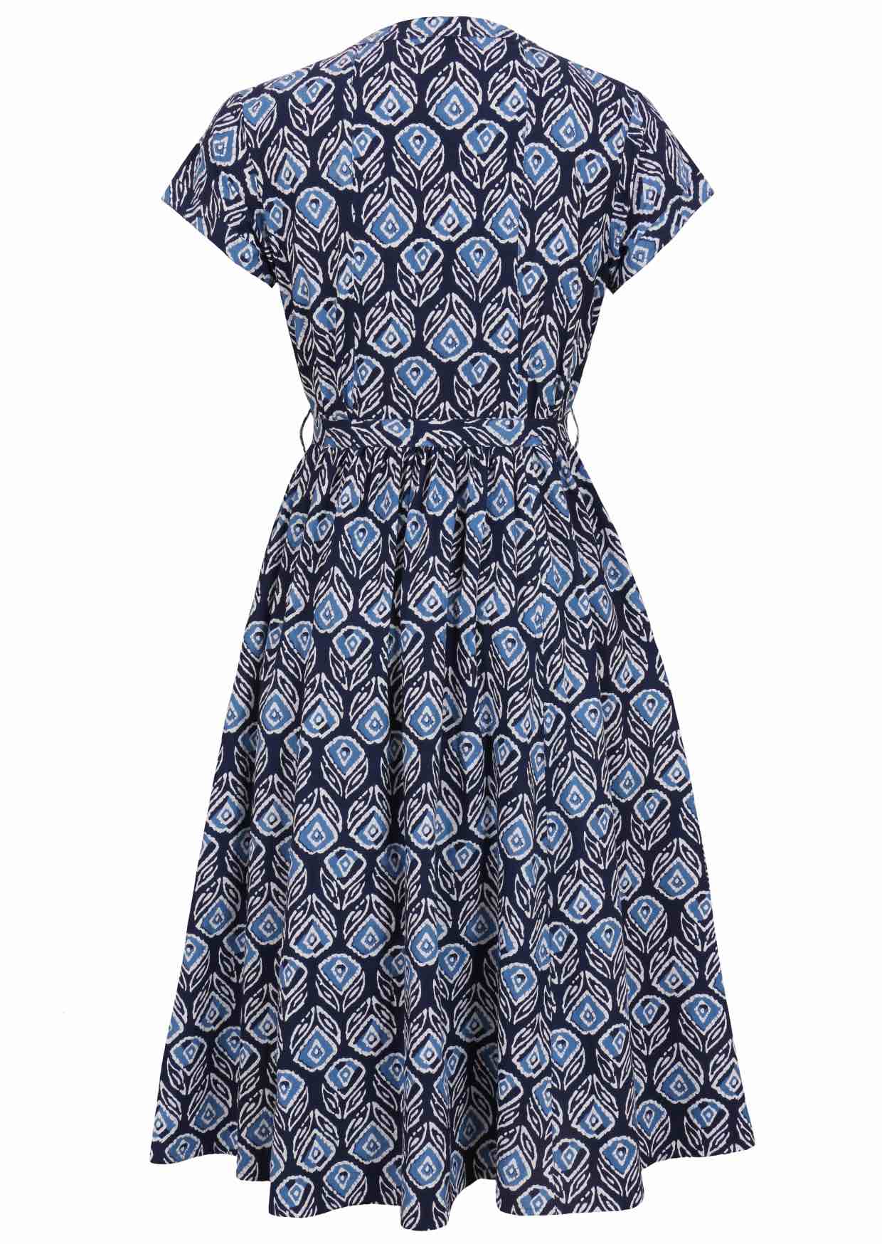 Back view of 50's style cotton midi length dress with a waist tie and cap sleeves