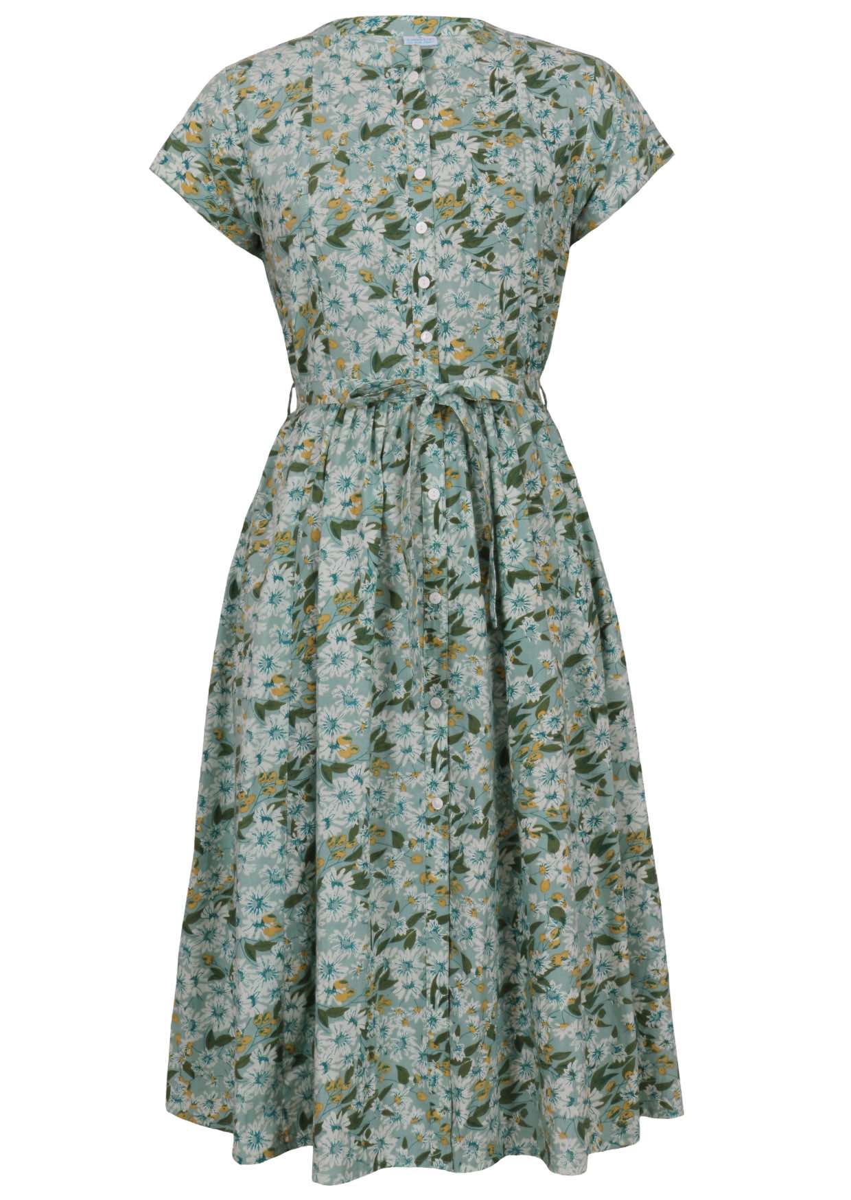 50's style cotton button through midi length dress with a waist tie