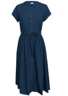 Front view of 50's style cotton midi length dress with high round neckline, short cap sleeves and fabric waist tie