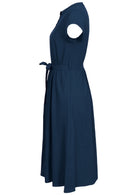 100% cotton retro midi dress in dark sea blue with hidden side pockets and waist tie