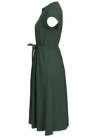 50's style midi length cotton dress in jungle green with cap sleeves, waist tie and hidden side pockets
