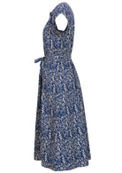 Side mannequin photo of 50's style cotton midi length button through dress with cap sleeves, hidden side pockets and fabric waist tie