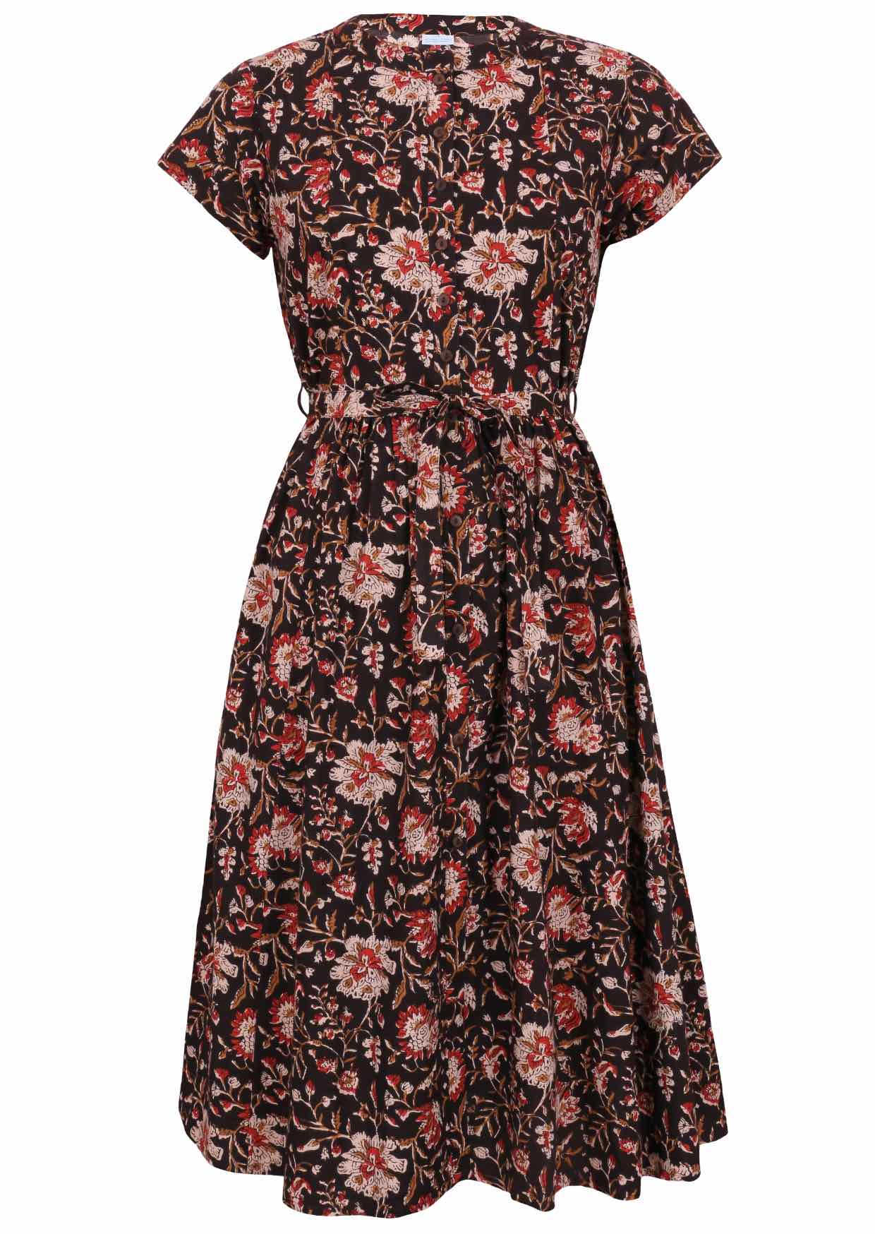Black based traditional Indian floral print cotton dress with V-neckline.