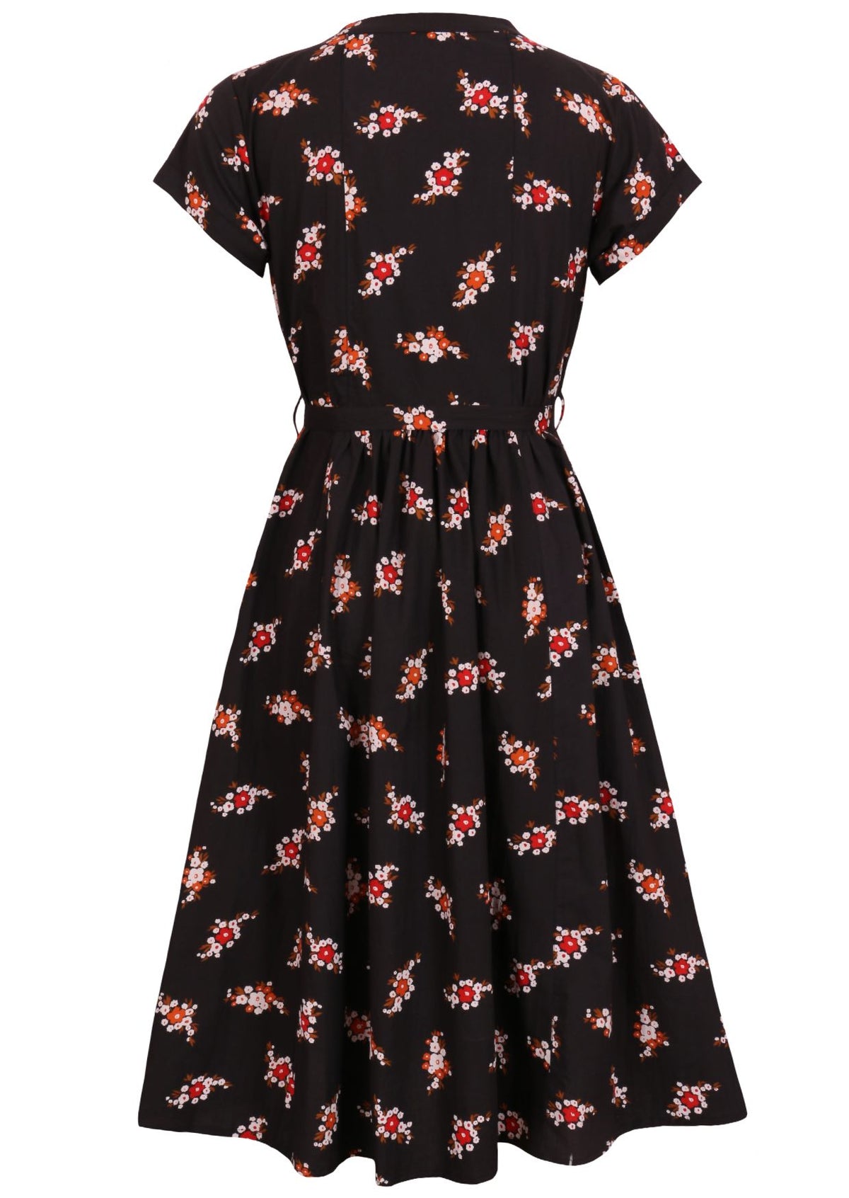 Back view of 50's style cotton midi length dress with a waist tie and cap sleeves