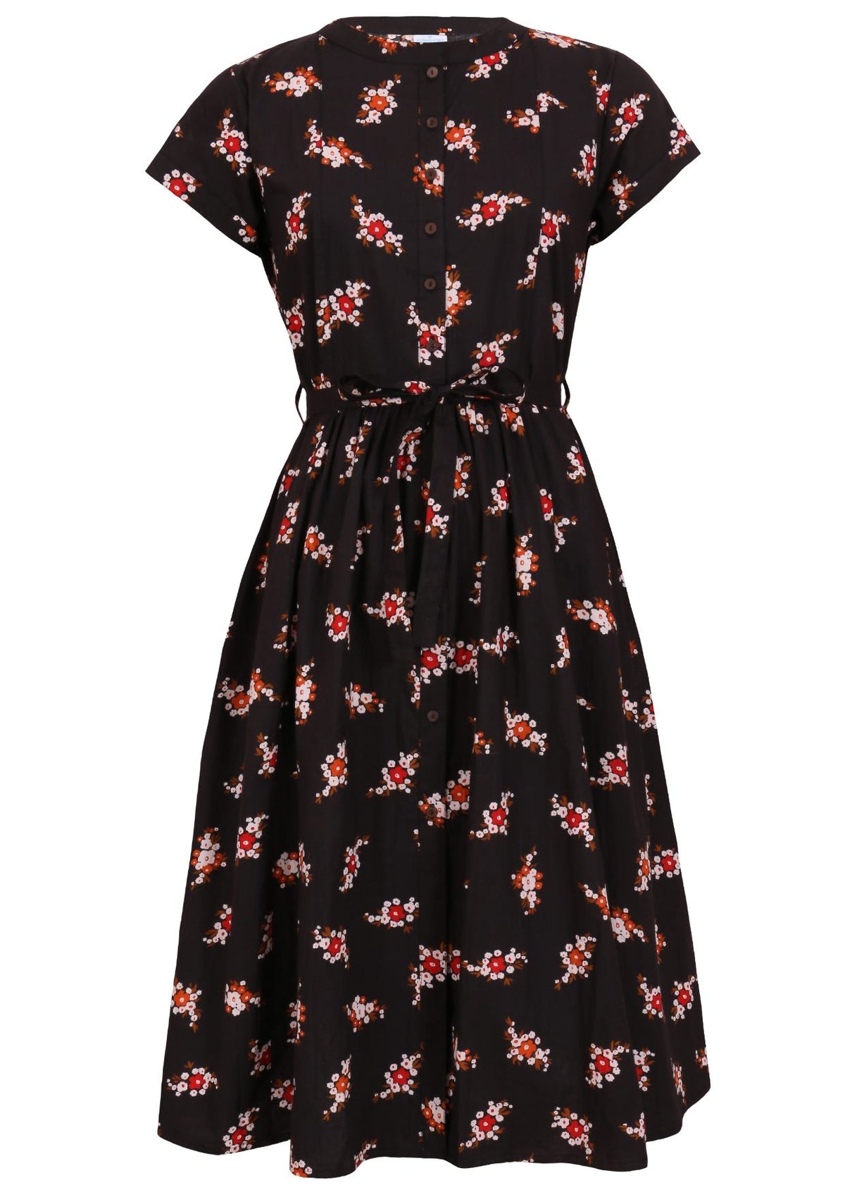 50's style cotton button through midi length dress with a waist tie