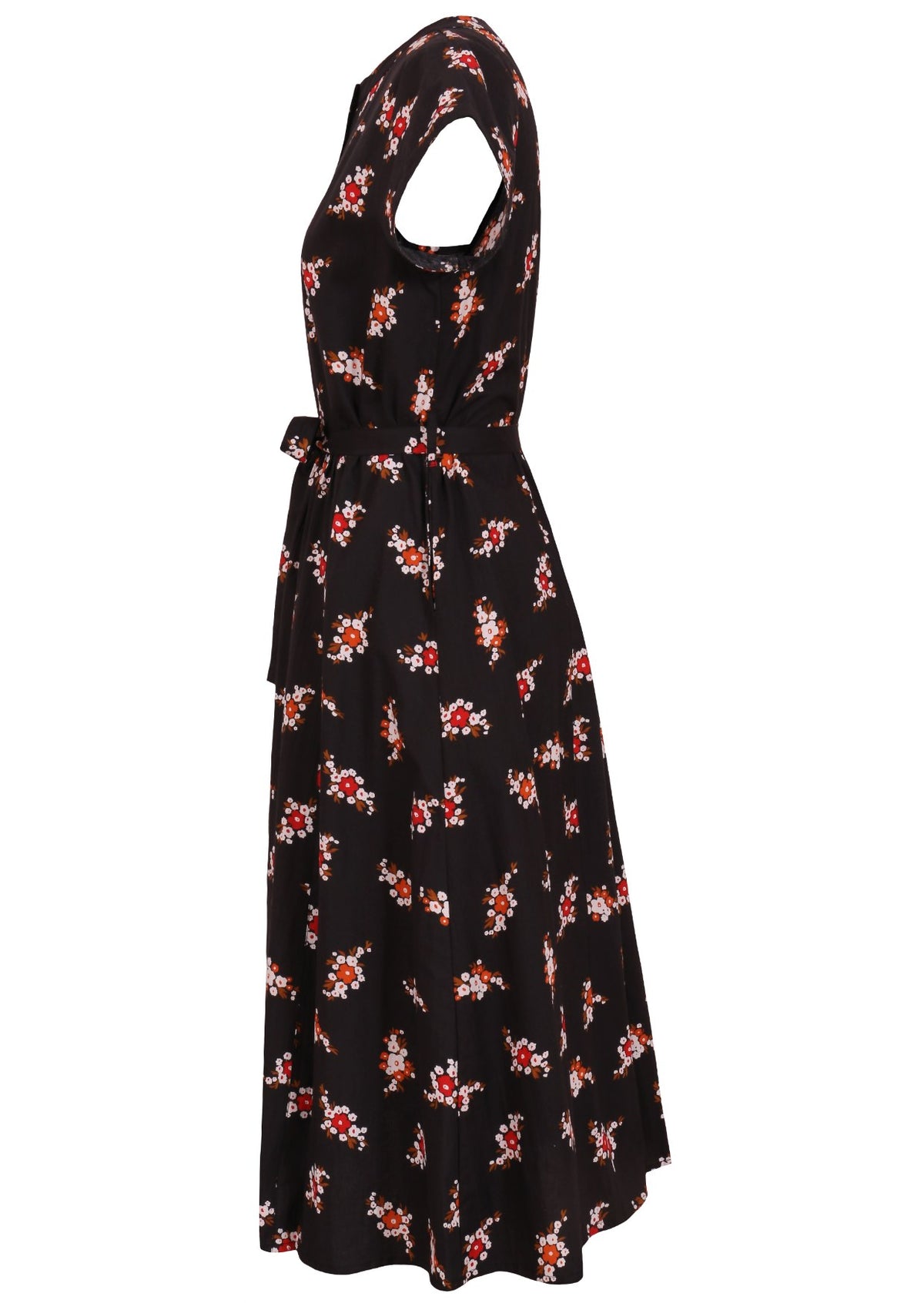 Side view of 50's style cotton button through midi length dress with a waist tie and hidden side pockets