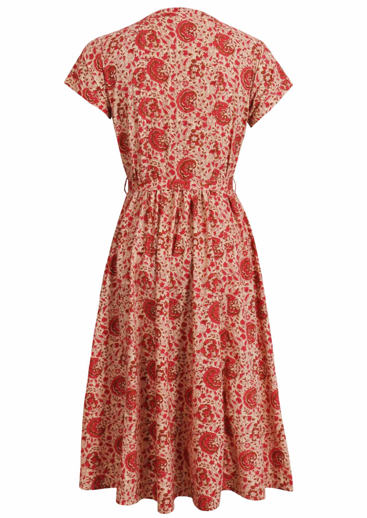 Back view of 50's style cotton midi length dress with a waist tie and cap sleeves