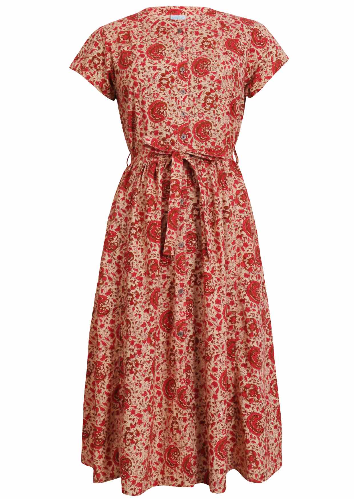 50's style cotton button through midi length dress with a waist tie