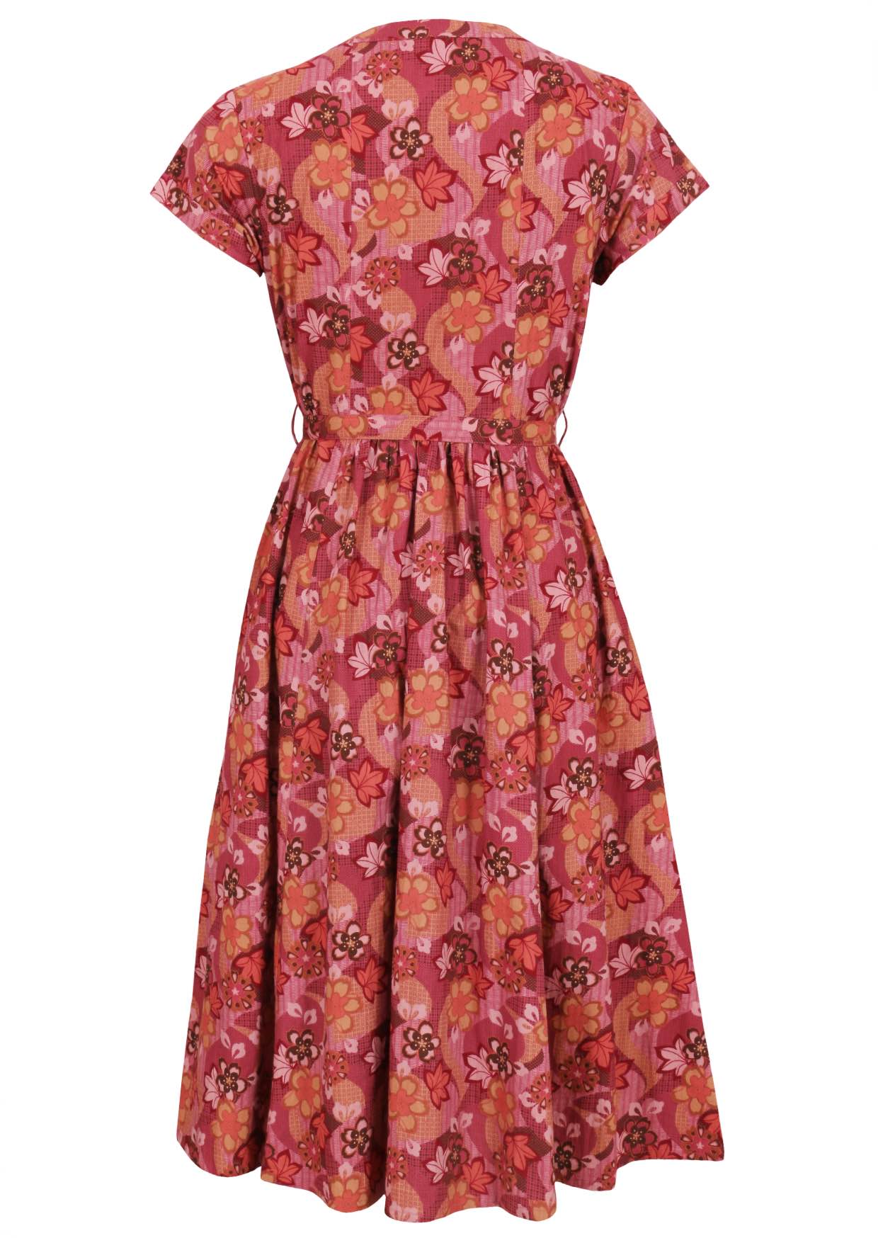 Warm-toned Japanese-style print cotton dress with removable waist tie in pink, maroon, brown, peach, and khaki.