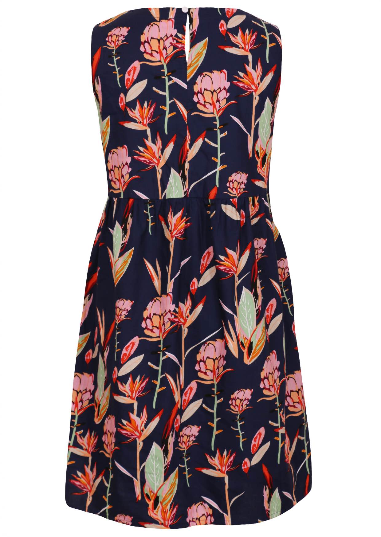 Native floral print in pinks and greens on a blue base, with split and button at the nape of neckline