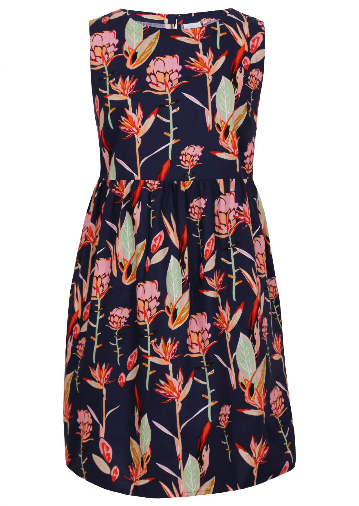 Native floral print in pinks and greens on a blue base, sleeveless relaxed fit dress