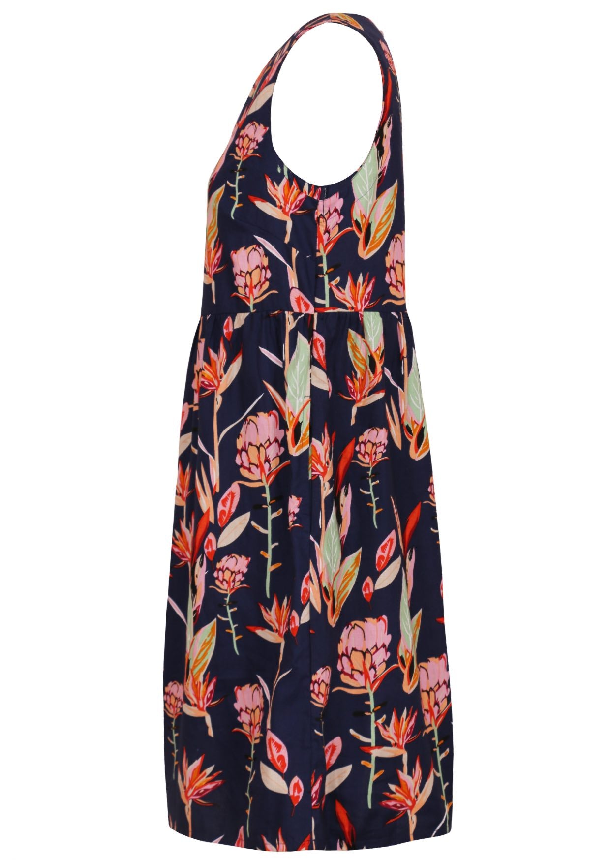Native floral print in pinks and greens on a blue base, sleeveless relaxed fit dress with hidden side pockets