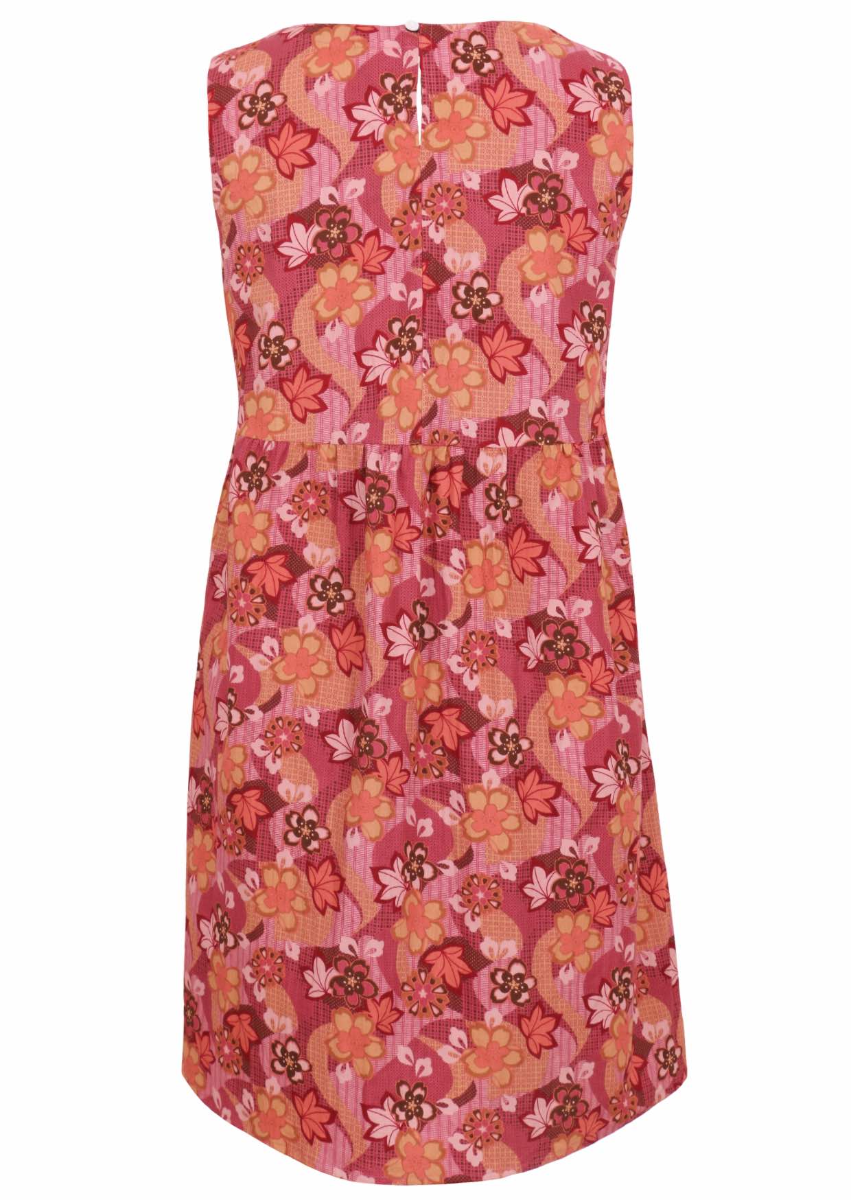 Sleeveless cotton dress with Japanese-style print in pink, maroon, brown, peach, and khaki tones.
