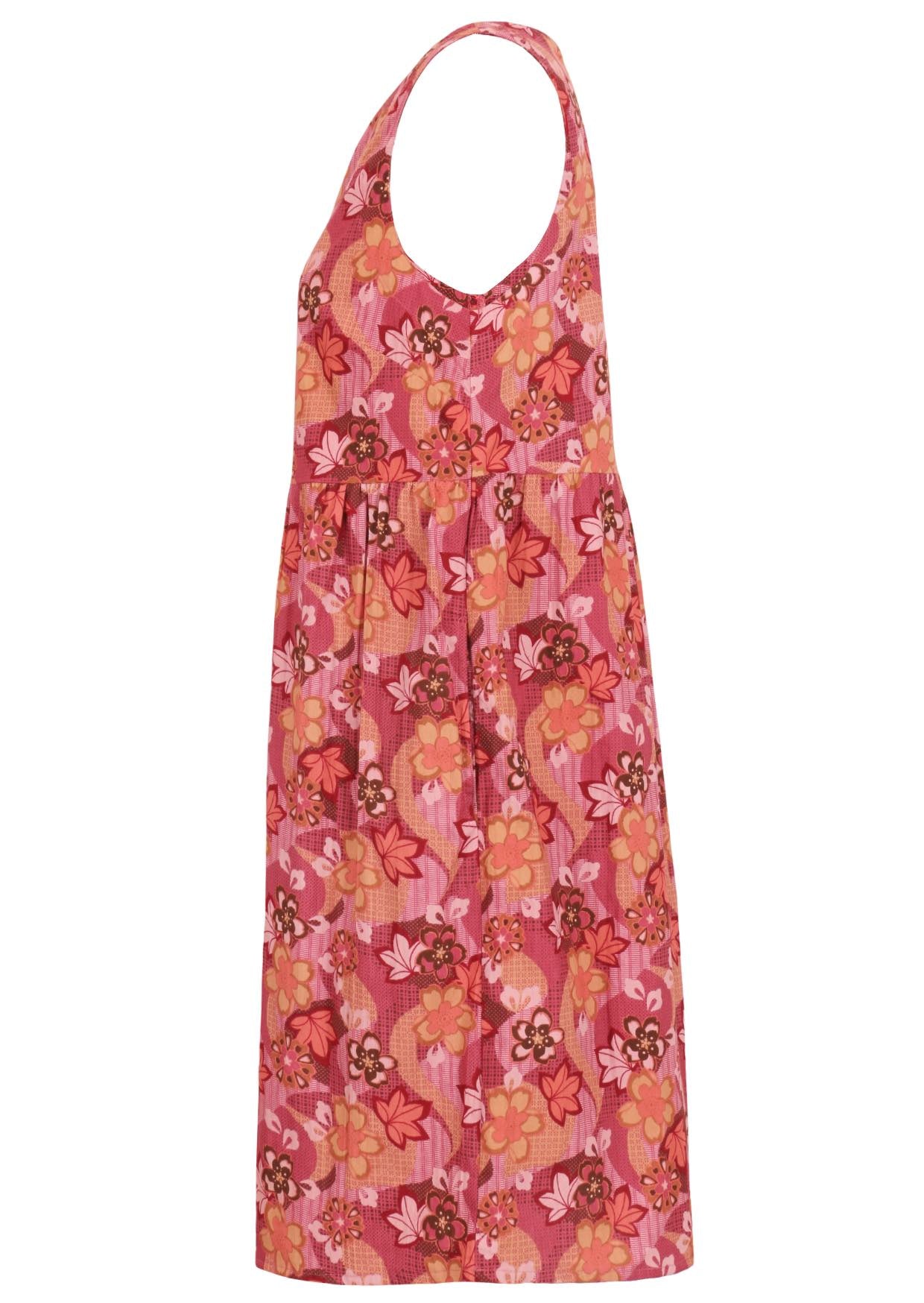 Japanese-style print in pink, maroon, brown, peach, and khaki tones cotton dress with pockets.