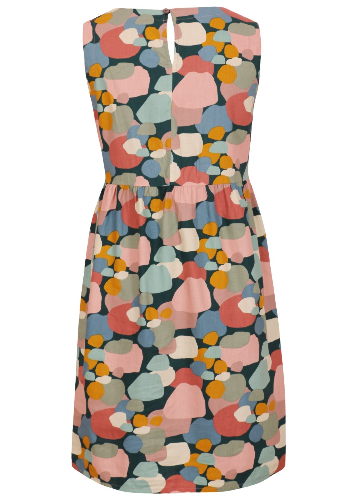 Multi pastel coloured print sleeveless dress with split and button closure at the nape of the neckline