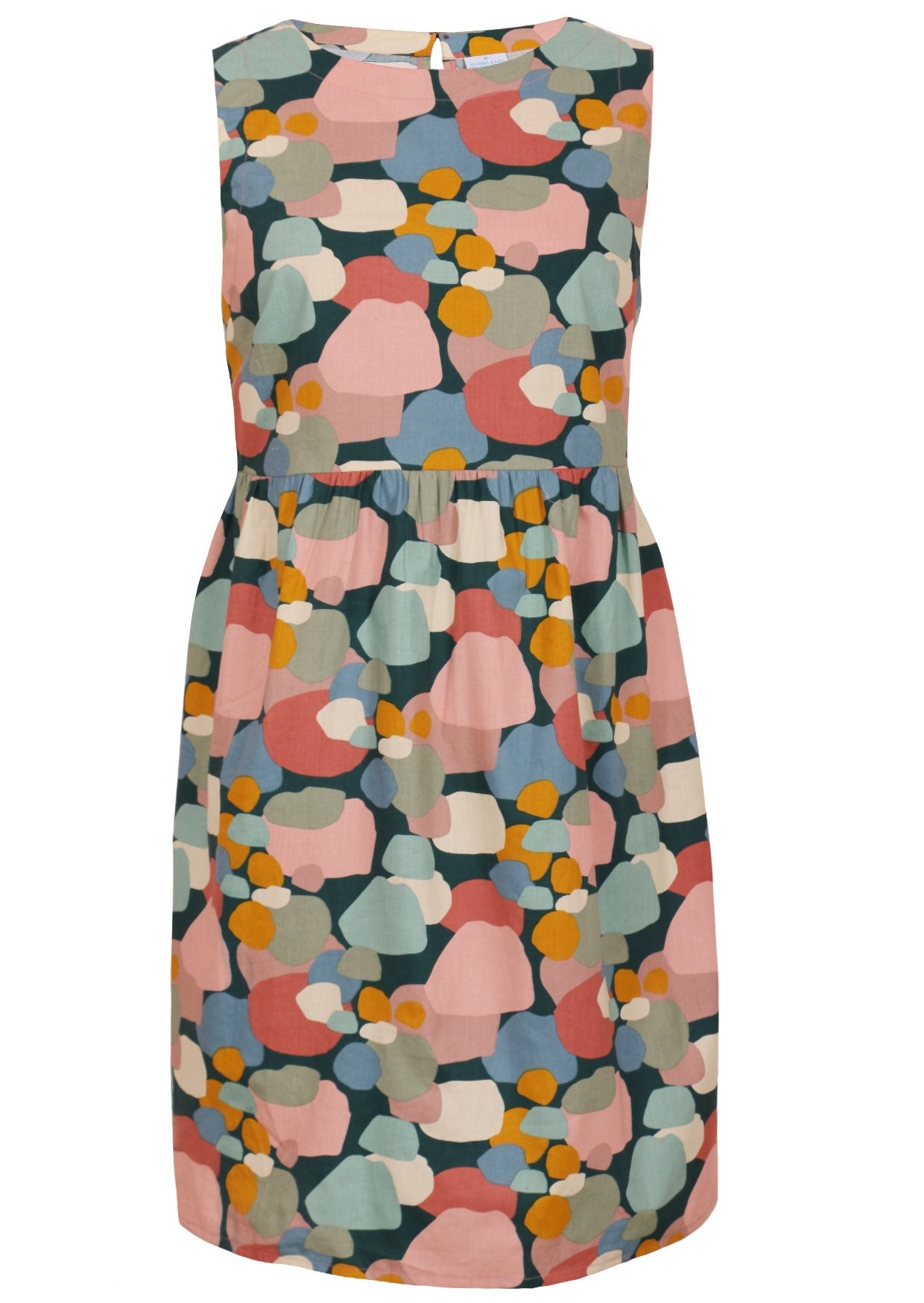 Multi pastel coloured print sleeveless dress with high round neckline and an empire waistline
