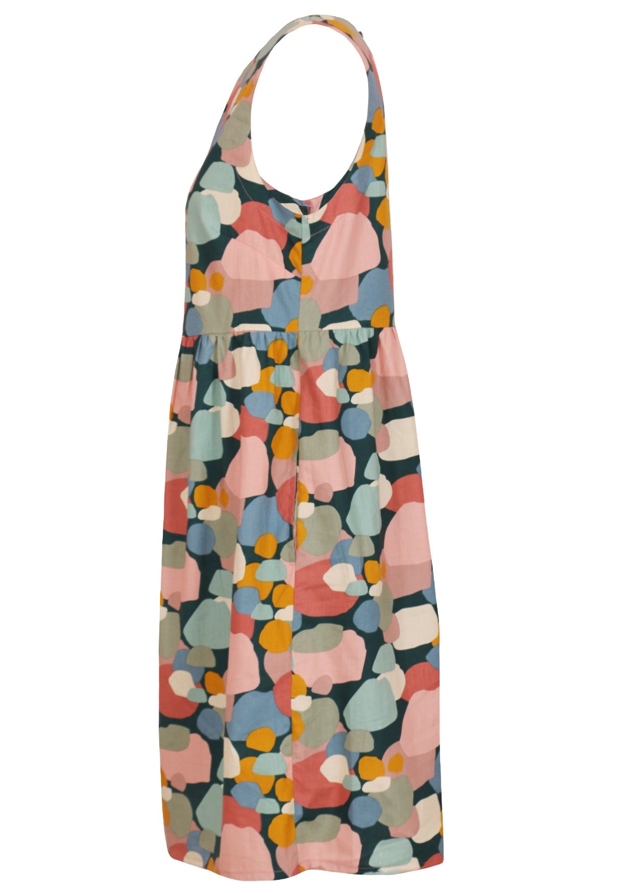 Multi pastel coloured print sleeveless dress with an empire waistline and hidden side pockets