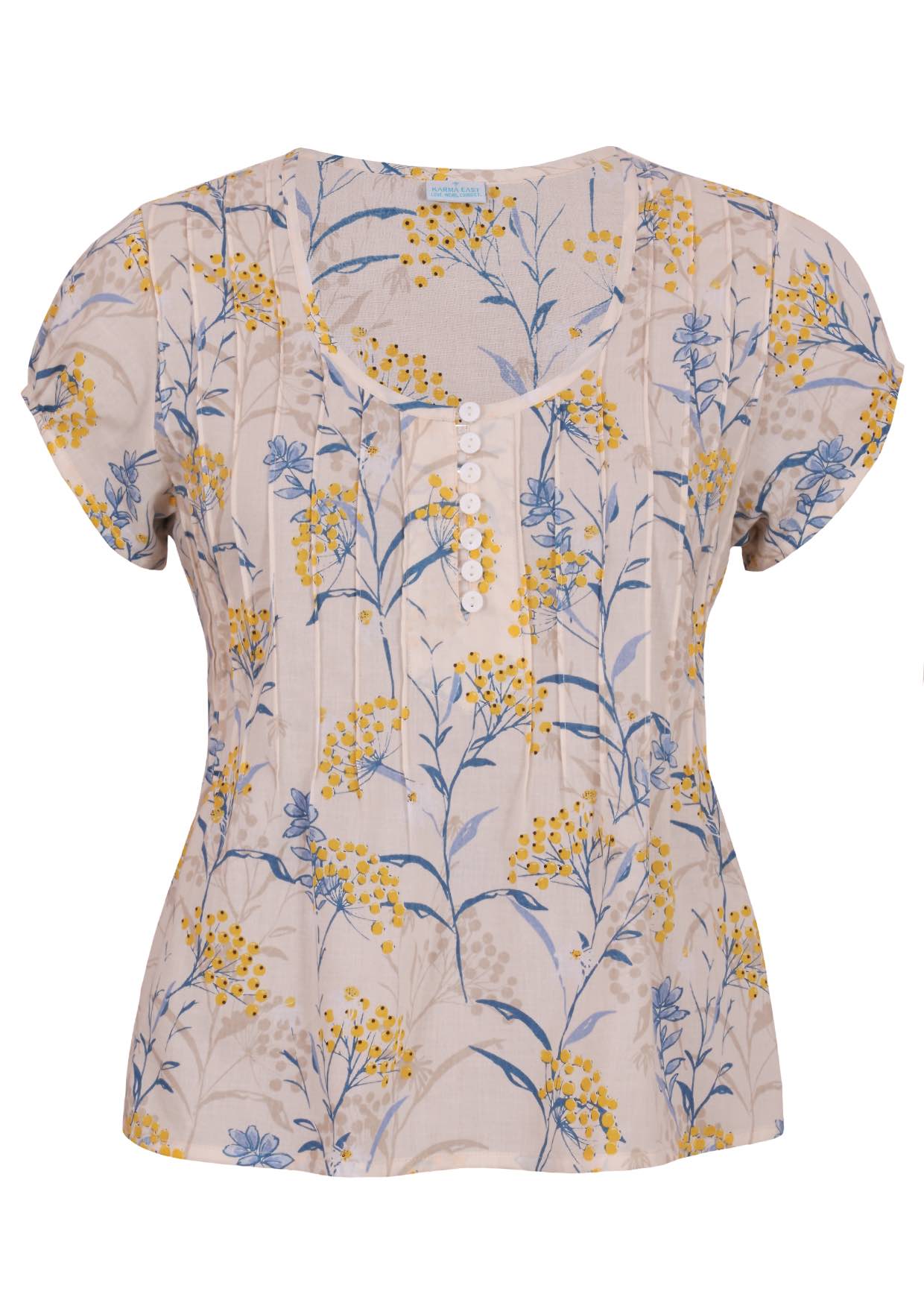 Neutral based floral print 100% cotton top with coconut buttons.