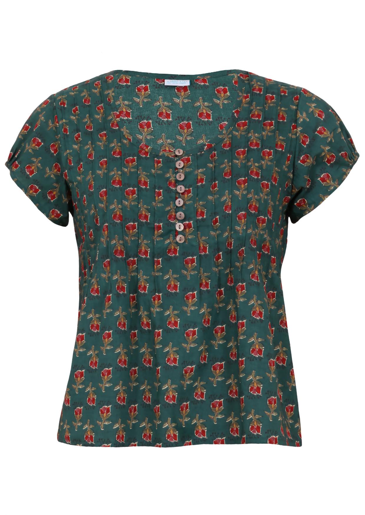 Green based floral print 100% cotton top with coconut buttons.