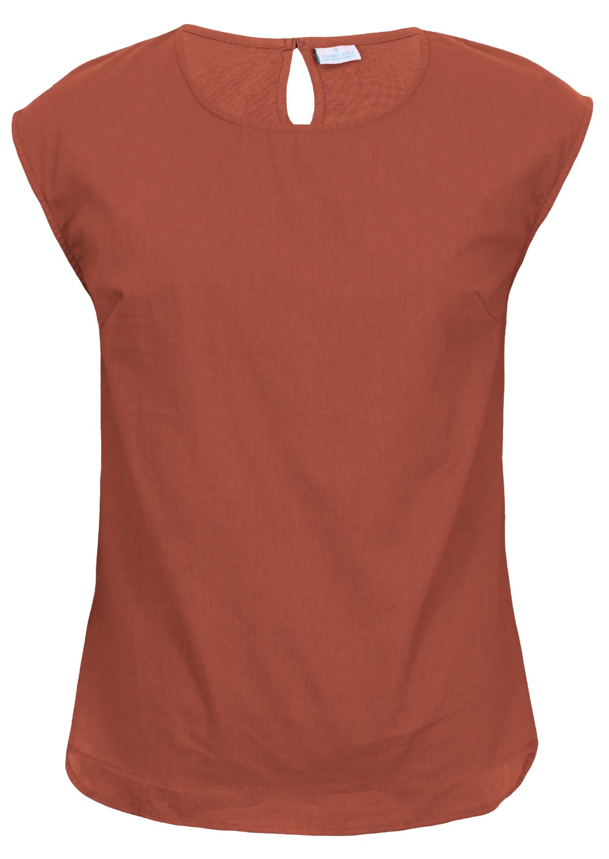 Front view of 100% cotton top in plain orange brushetta colour with round neckline.