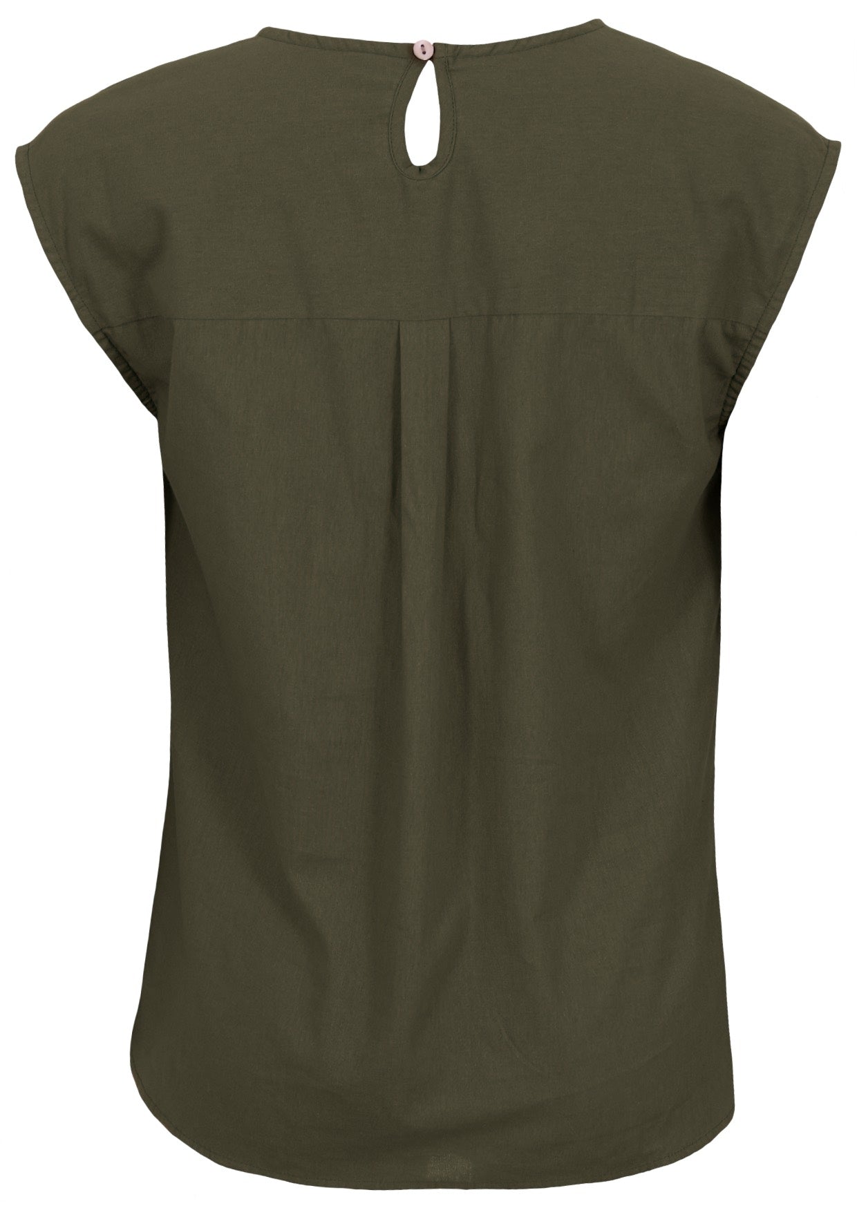 Back view of 100% cotton top in plain green kalamata colour with button closure at the nape of neck