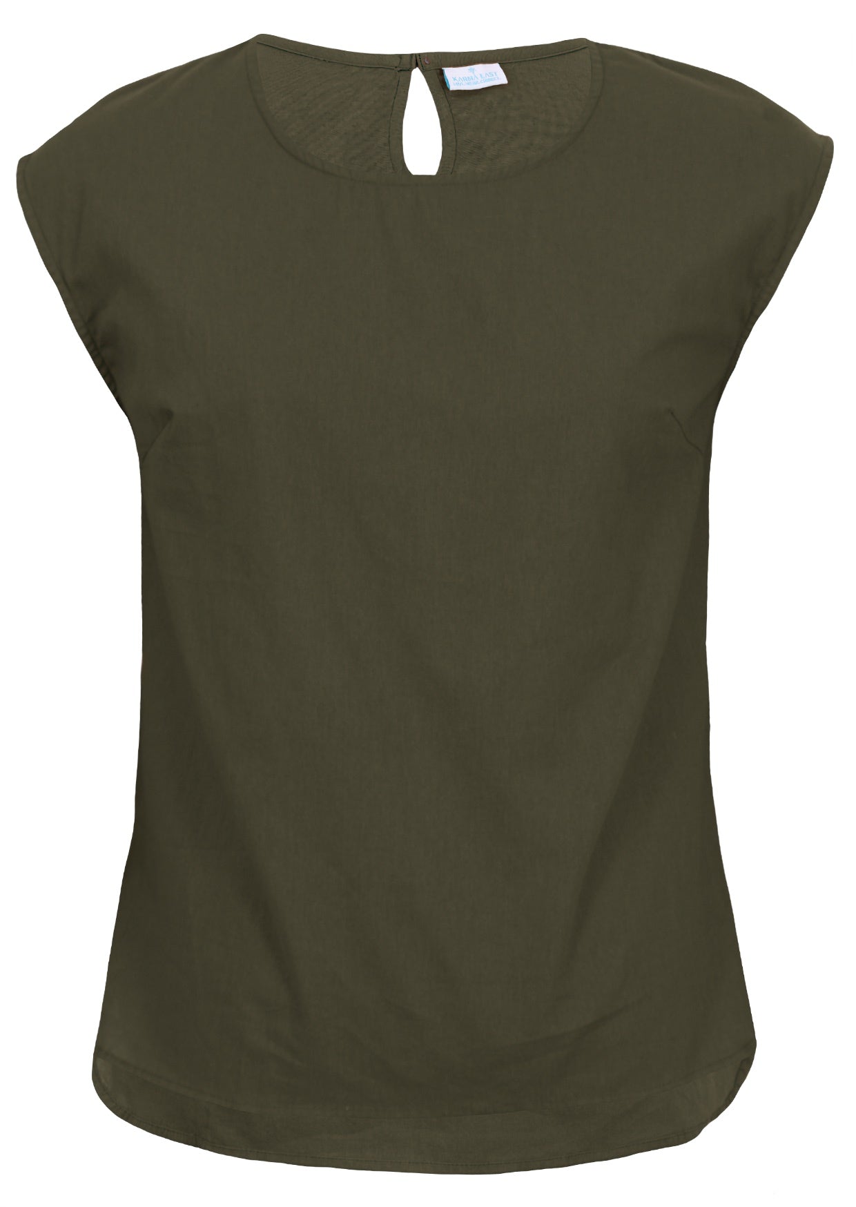 Front view of 100% cotton top in plain green kalamata colour with round neckline.
