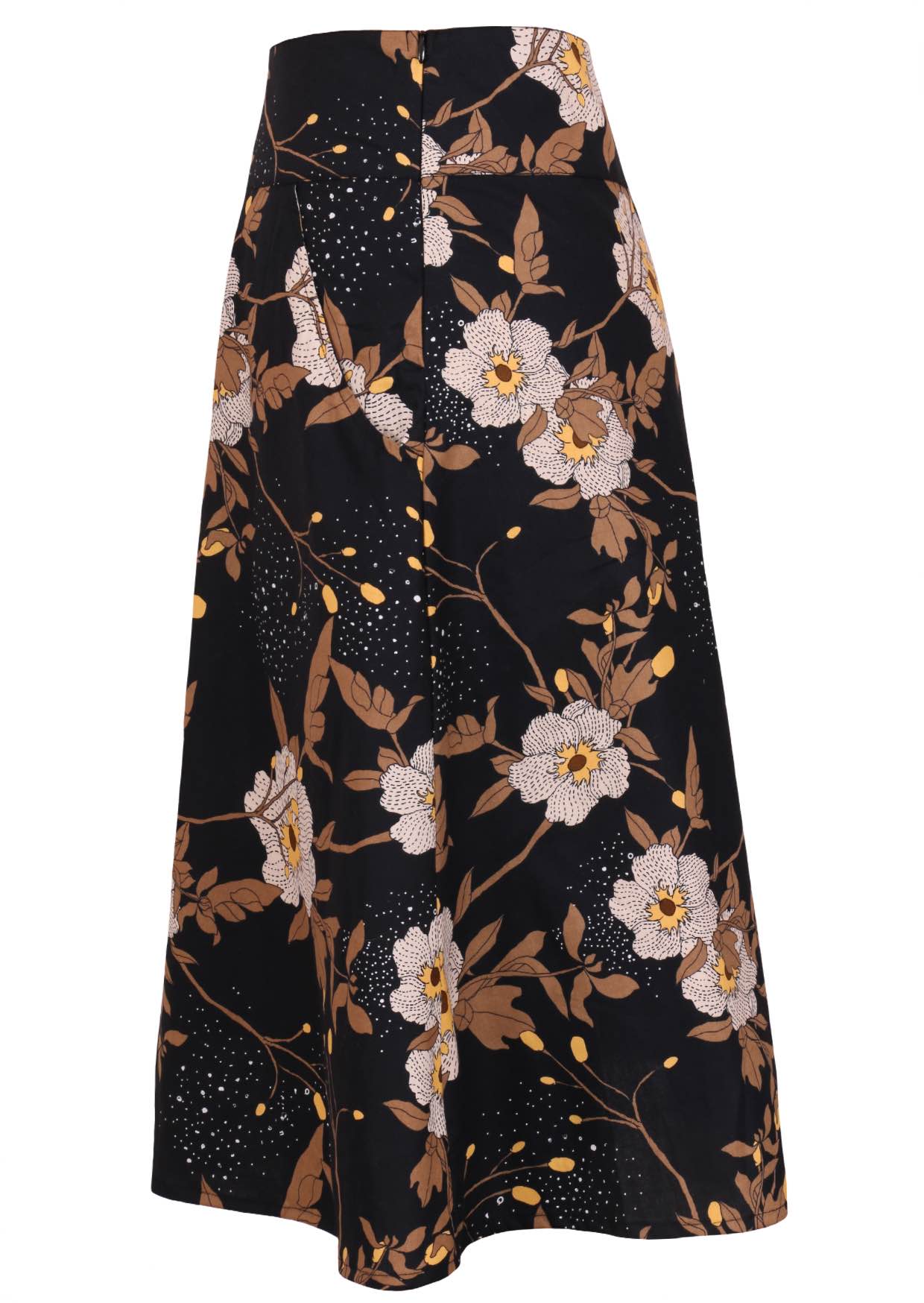 Side view of a black based floral print A-line cotton skirt with hidden side zipper