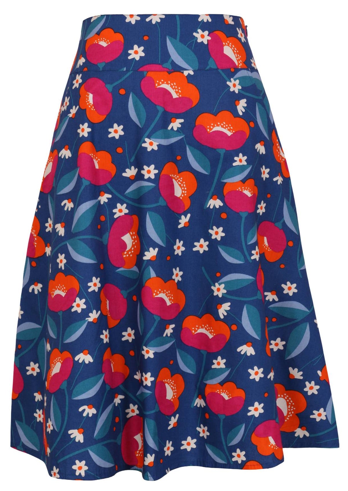 100% cotton royal blue based floral mid length A-line skirt with a wide waistband, pockets, and side zipper
