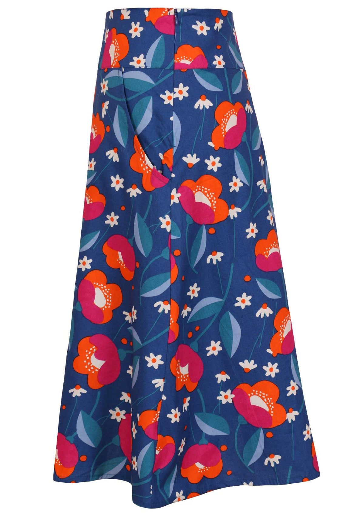 Side view of a royal blue based floral print A-line cotton skirt with hidden side zipper