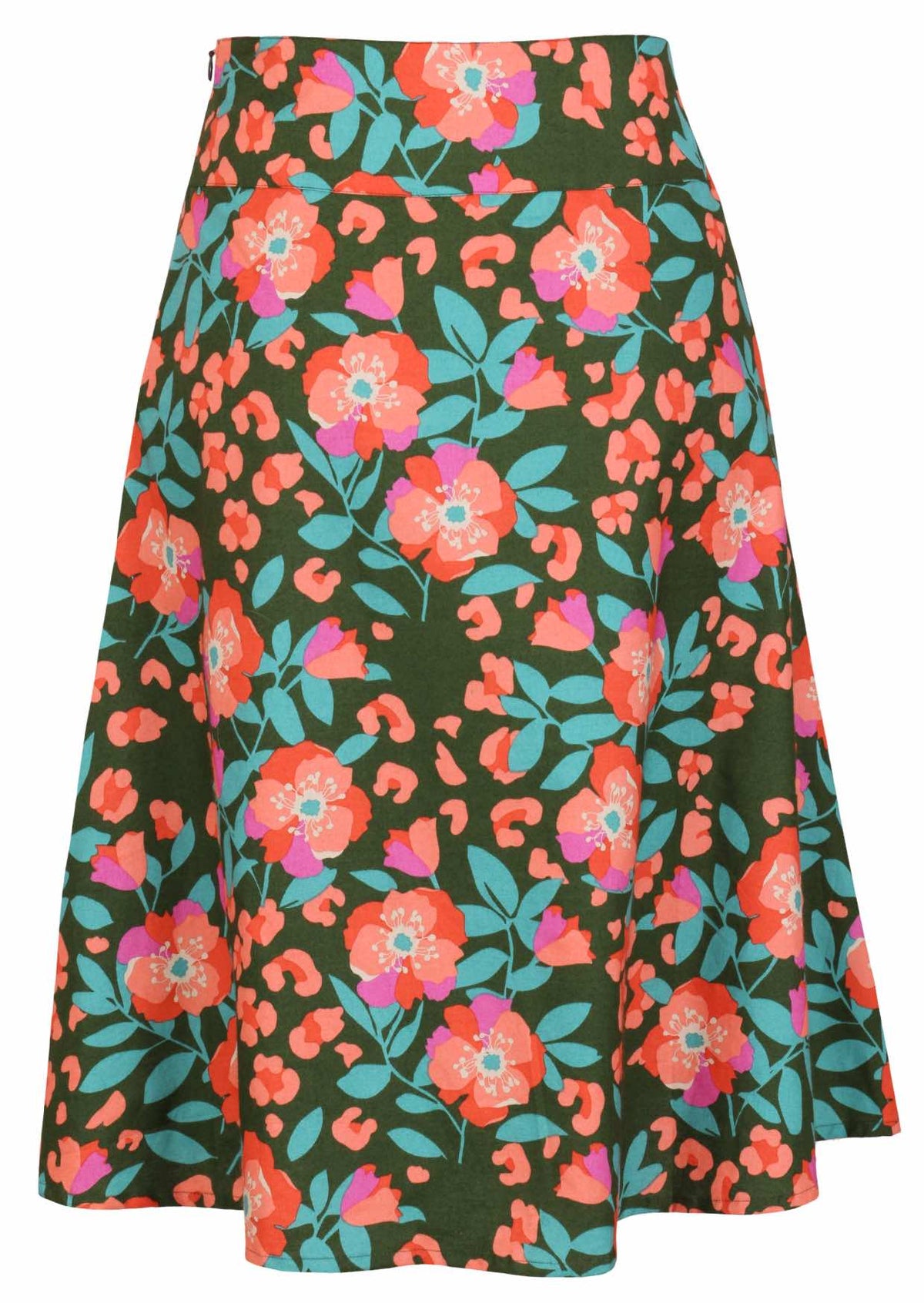 Back view of 100% cotton skirt with hidden side zip and wide waistband in olive green based floral print.