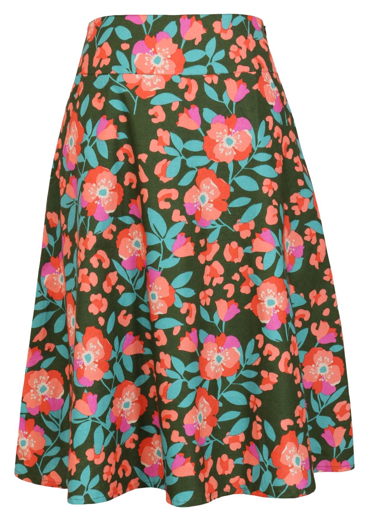 100% cotton olive green based floral mid length A-line skirt with a wide waistband, pockets, and side zipper