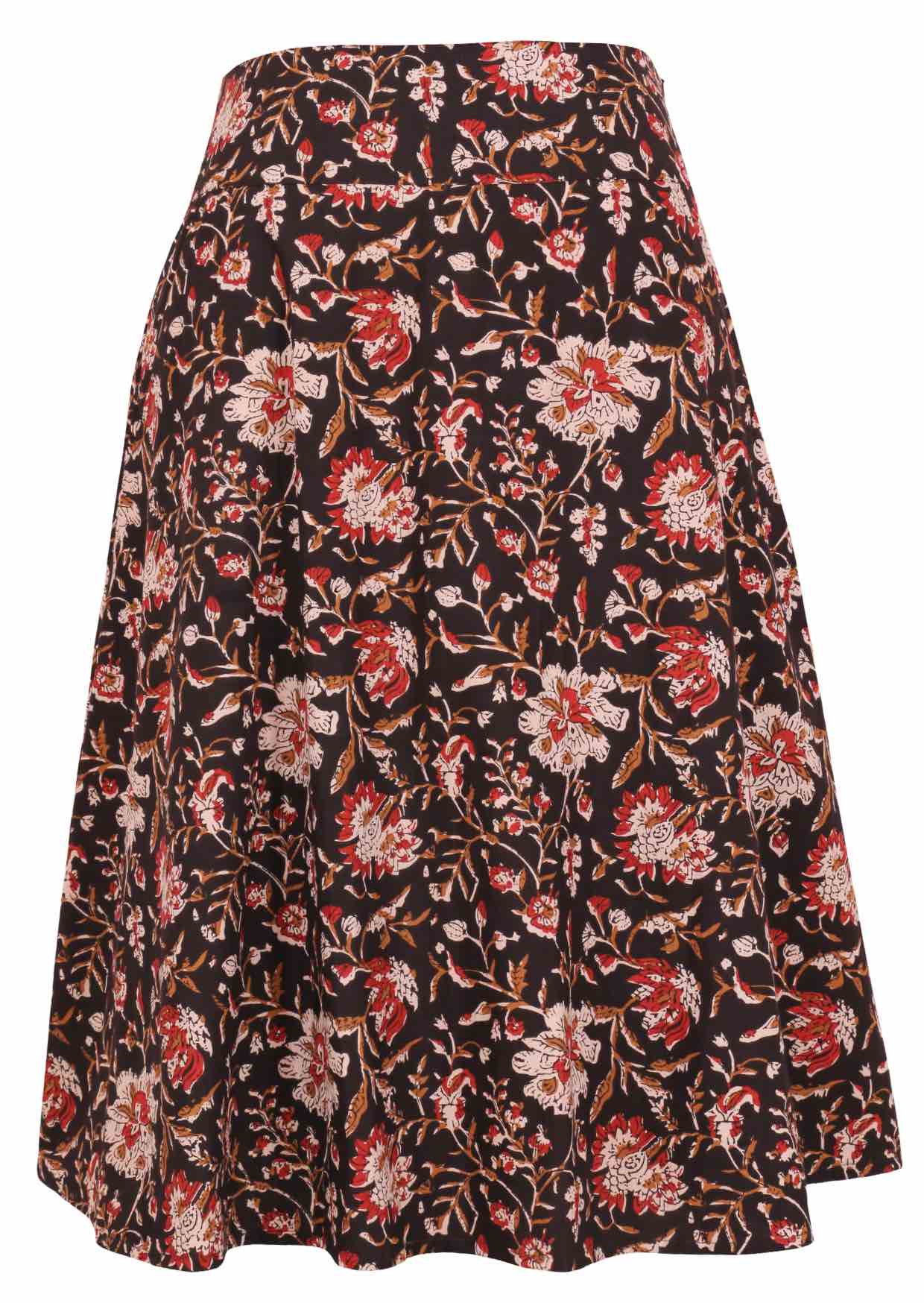 Black based traditional Indian floral print cotton skirt with pockets.