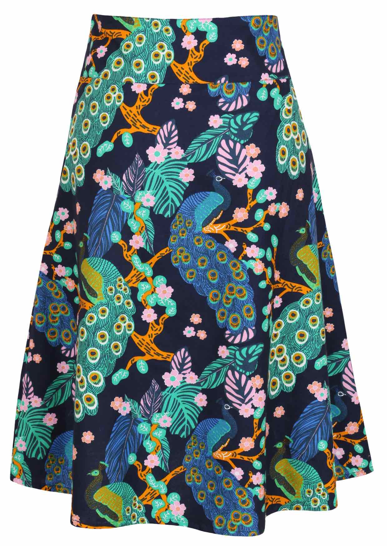 Back view of 100% cotton skirt with hidden side zip and wide waistband in sage navy blue based floral print.