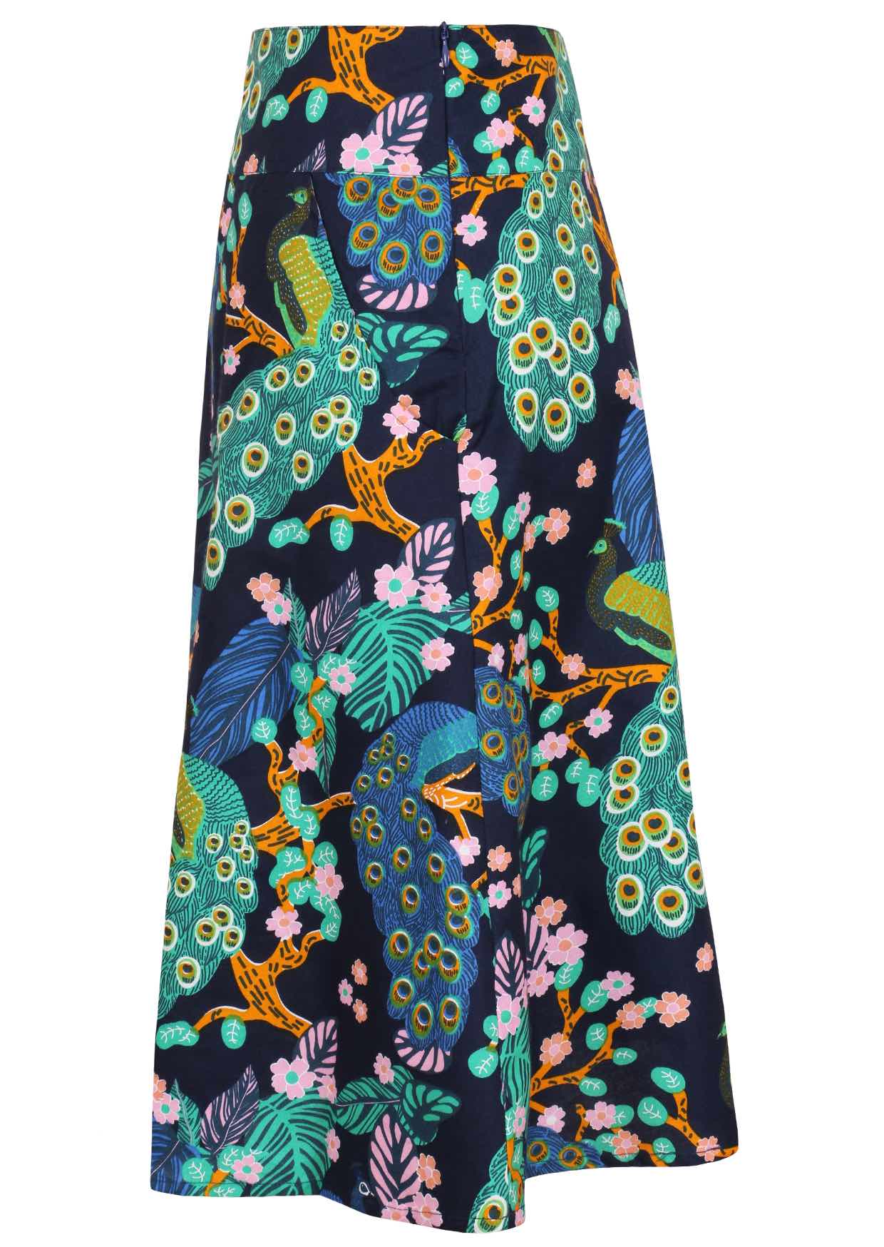 Side view of a navy blue based floral print A-line cotton skirt with hidden side zipper