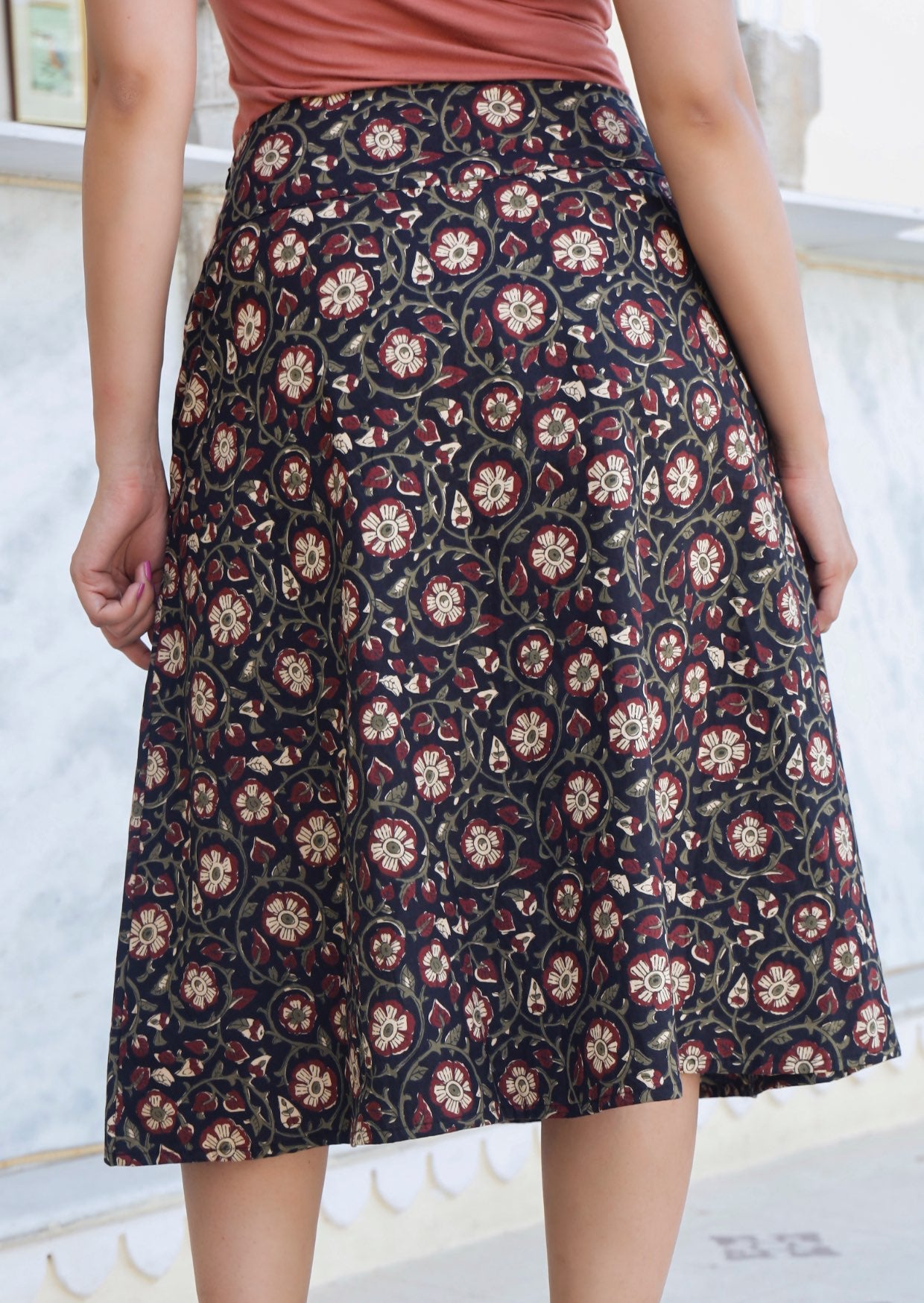 A-line, 100% cotton skirt in beautiful black based floral print.