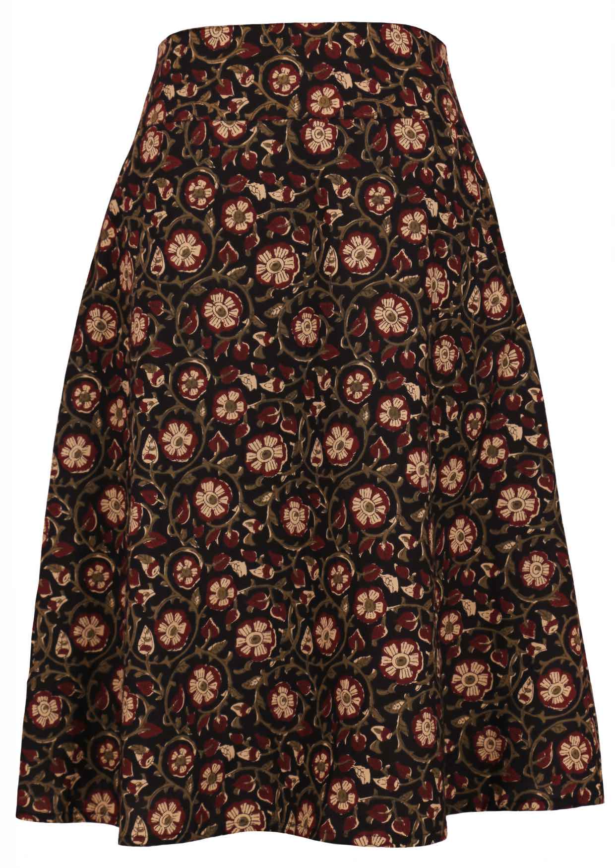 Knee length, A line cotton skirt with wide waistband, pockets and side zipper.